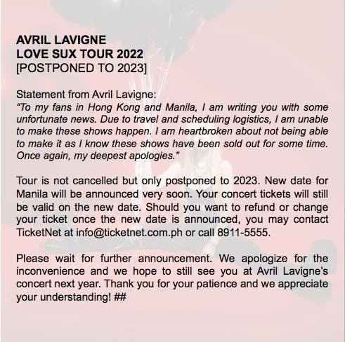 Avril Lavigne postpones Manila Love Sux Tour to 2023 • PhilSTAR Life